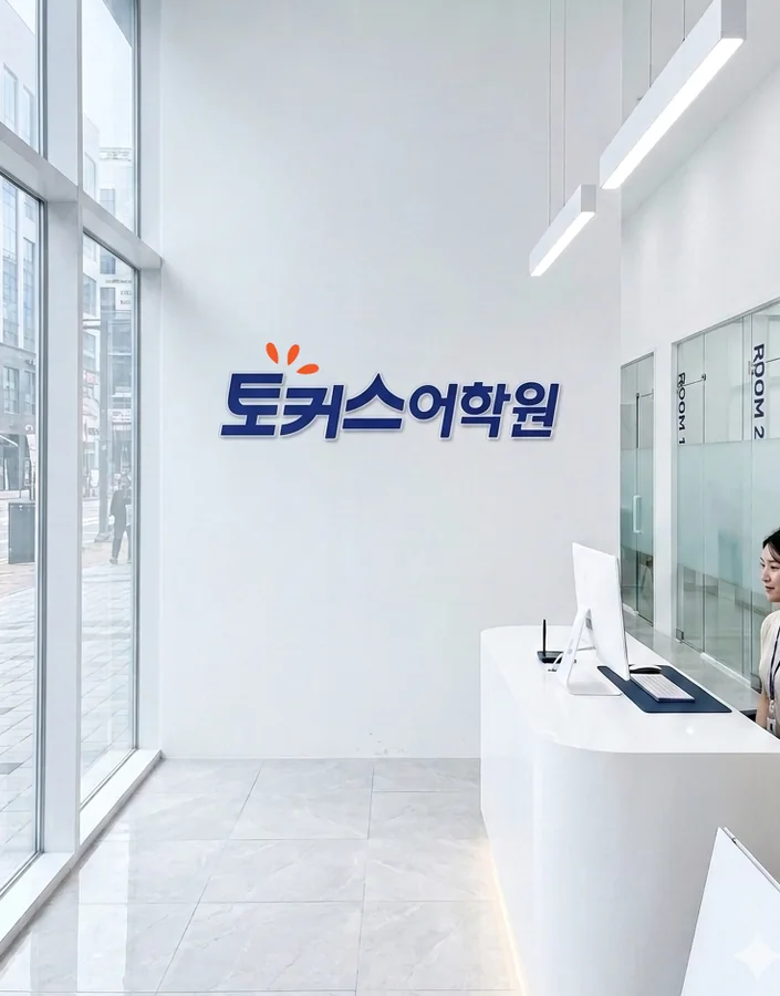 토커스어학원 인테리어에 적용된 브랜드 사인