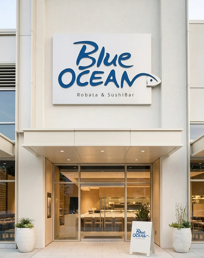 Blue OCEAN Robata & Sushi Bar 매장 외벽에 설치된 간판